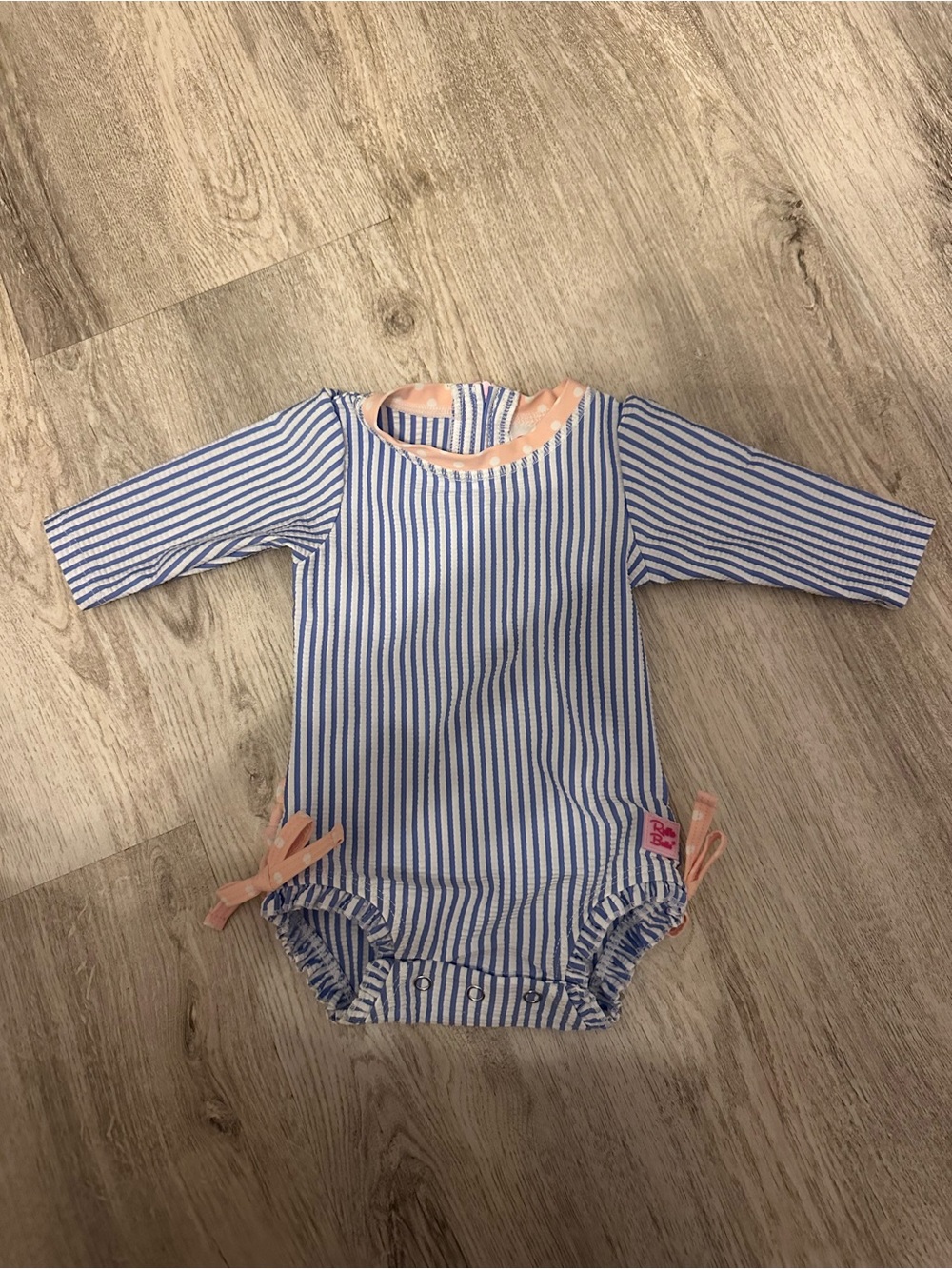 Blue & White Striped Kids Swim Onesie with Pink Trim